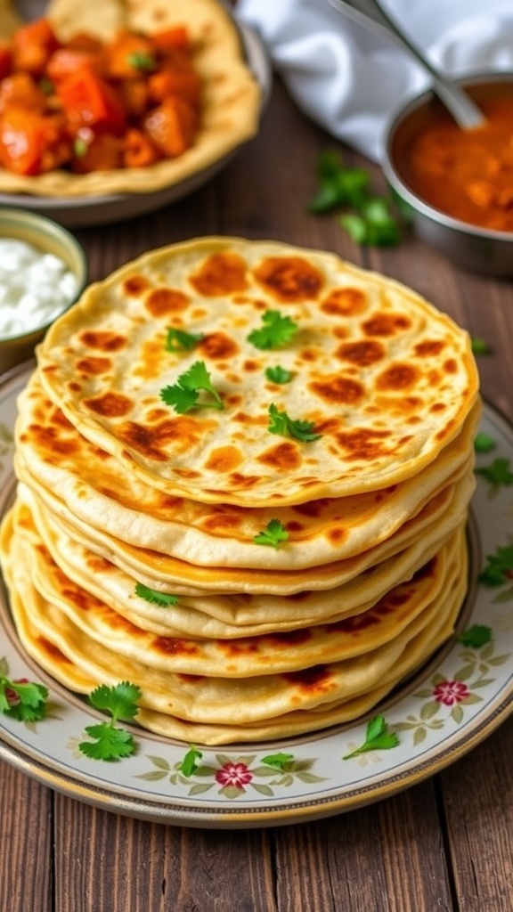 Layered onion laccha parathas served with yogurt and curry on a rustic table.